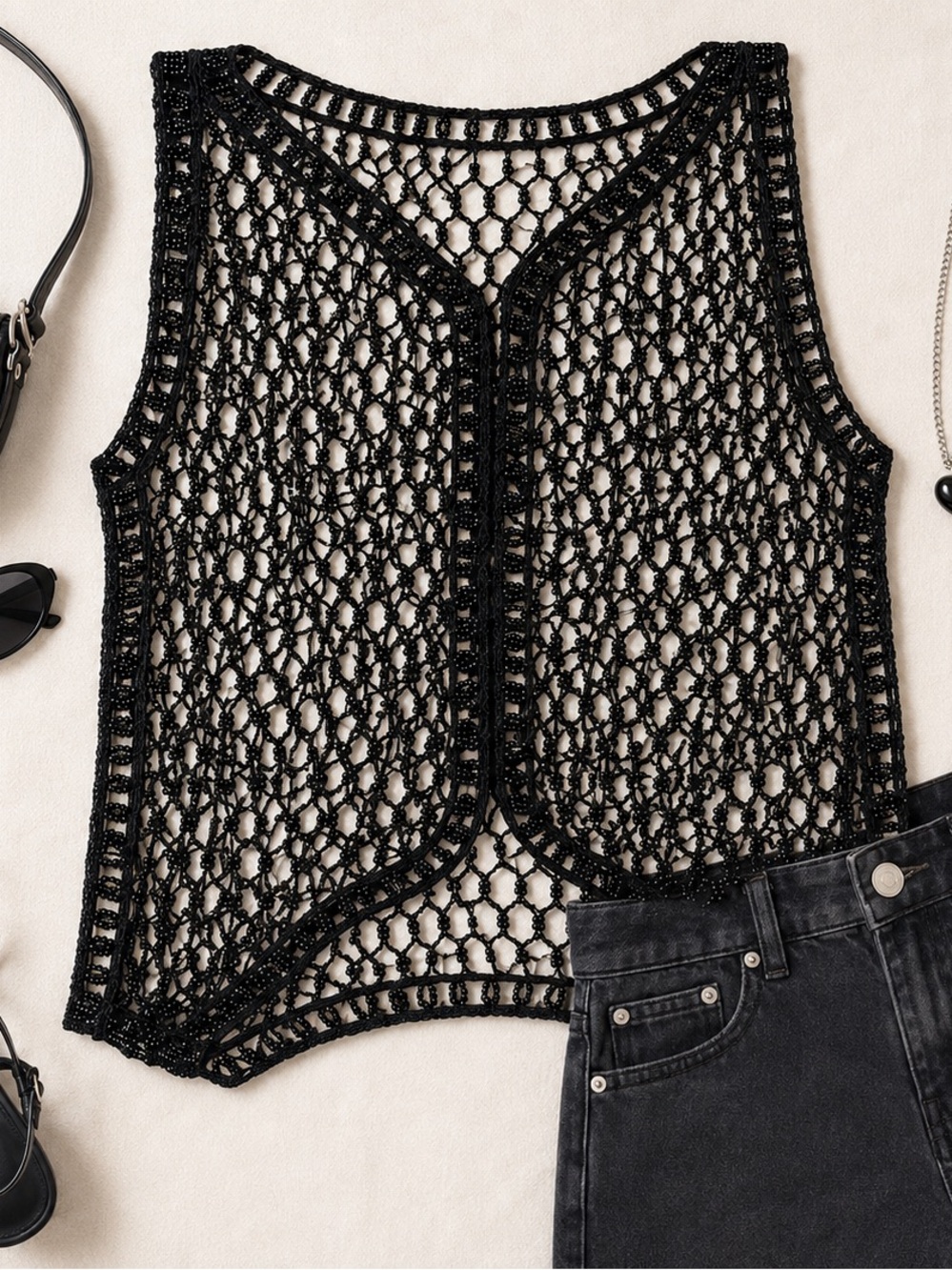 Black Beaded Crochet Vest Goth Fairy Grunge Y2K Mesh Open Knit Festival Top